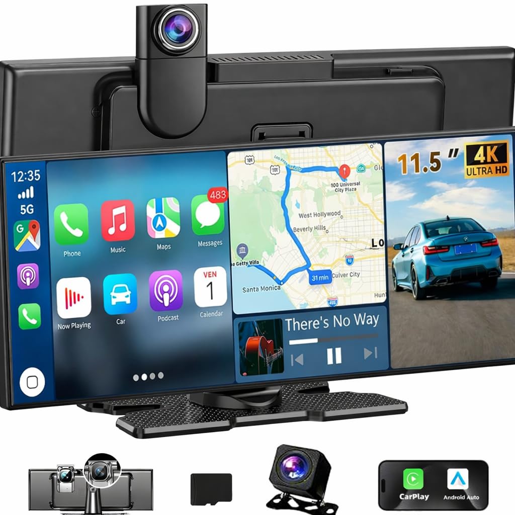 Cason Upgraded Carplay/Car Android Auto Touch Screen 11.2-Inch with 4K Dash Cam &1080p Rear Camera, Infotainment System LED Display Screen with Voice Control,BT for All Vehicles