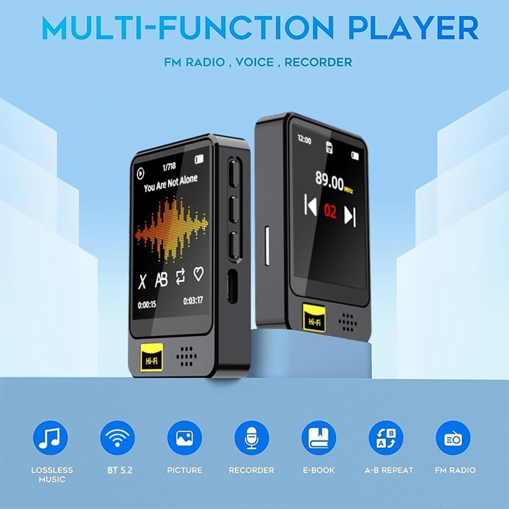 Cason 32GB Mini MP3 Music Player with Bluetooth,Touch Screen, Video Playback – Pocket-Sized MP3 Player for Voice Recording,Fm Radio & Music on the Go-Expanded Up to 128GB (Black)