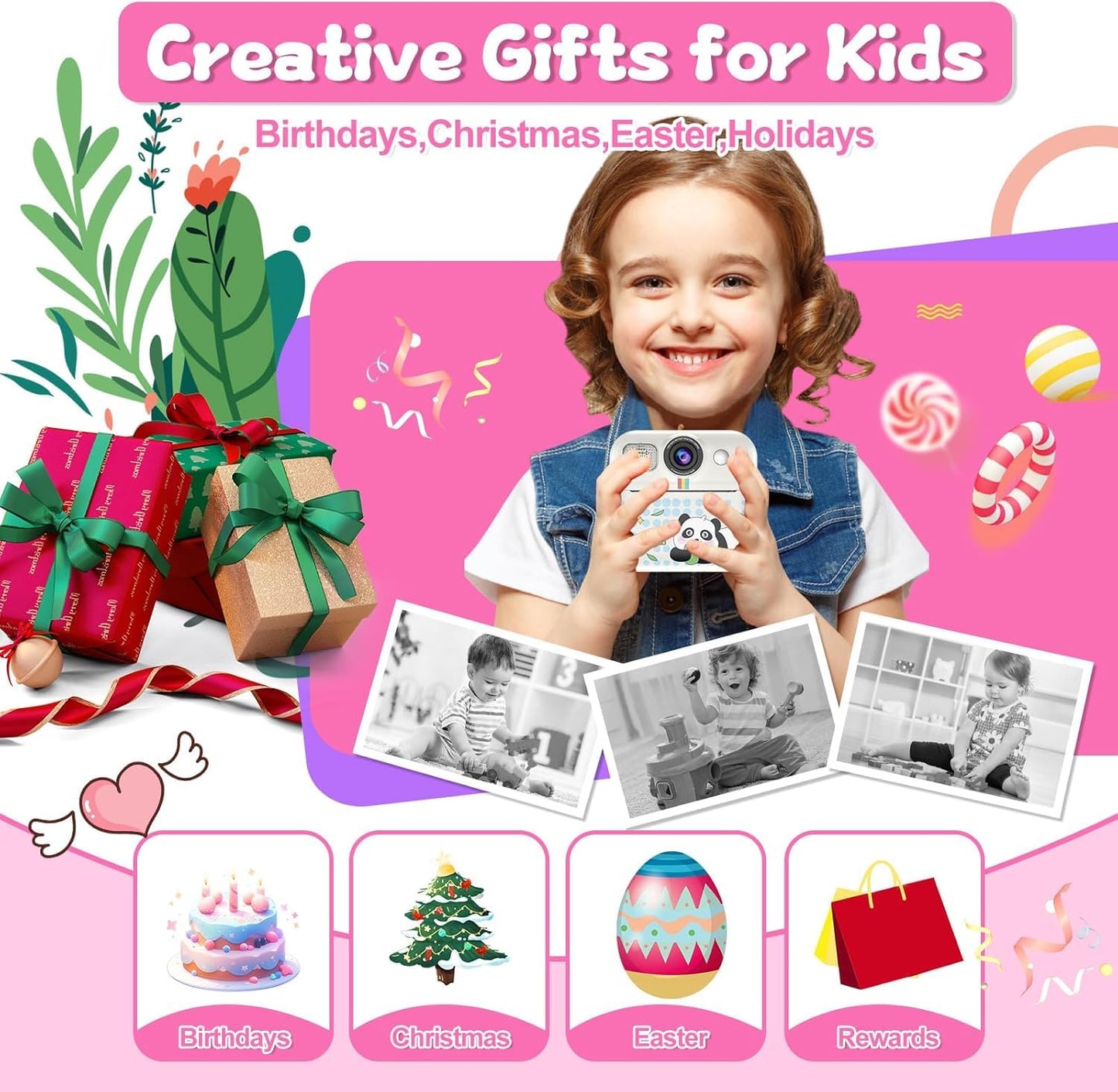 Cason Instant Camera for Kids with Print,1080P HD Instant Photo Camera with Games,3 Print Rolls,Fun Filters for Creativity for 5-15 Years Kids Upto 32GB