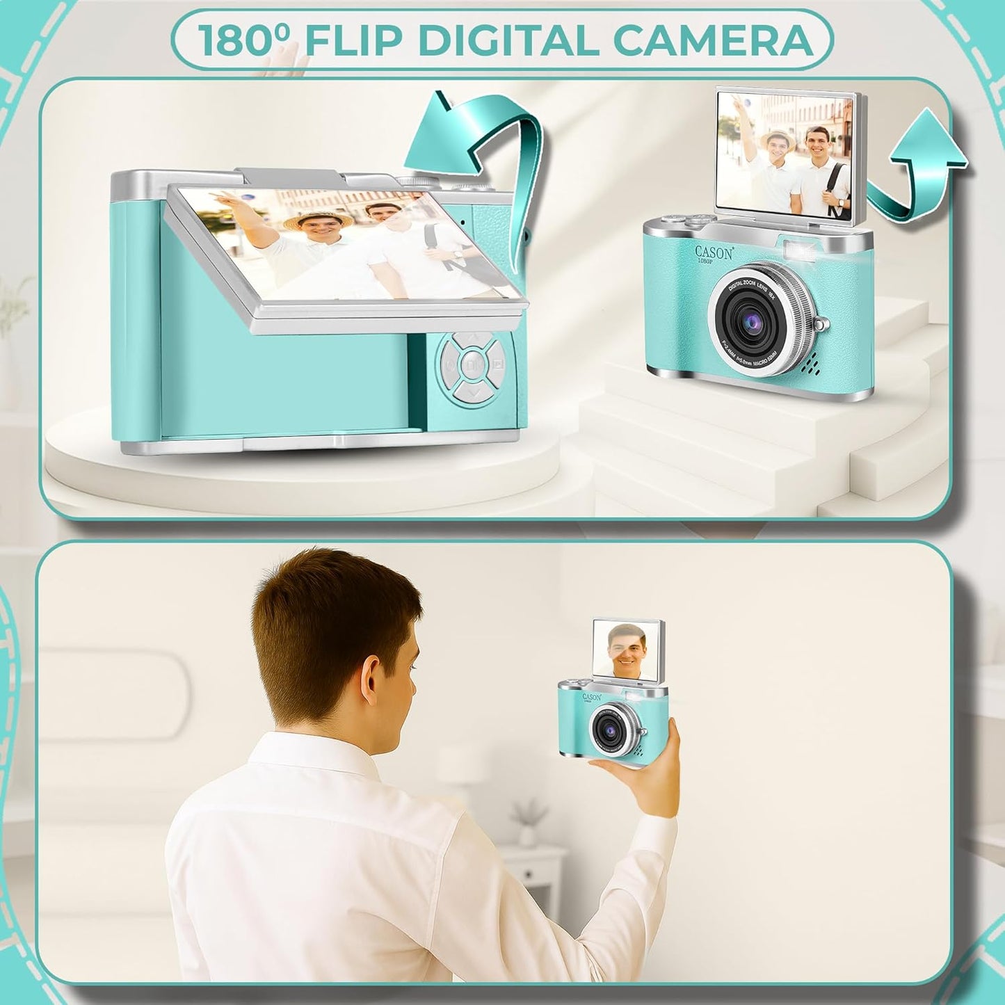Cason 48MP Digital Camera for Kids-Real Photo & Video Mini Camera for Photography 2.4” Rotating Screen, Built in Games Kids Cameras for 5-15 Years Girls & Boys(Supports Upto 64GB Memory) Visit the CASON Store
