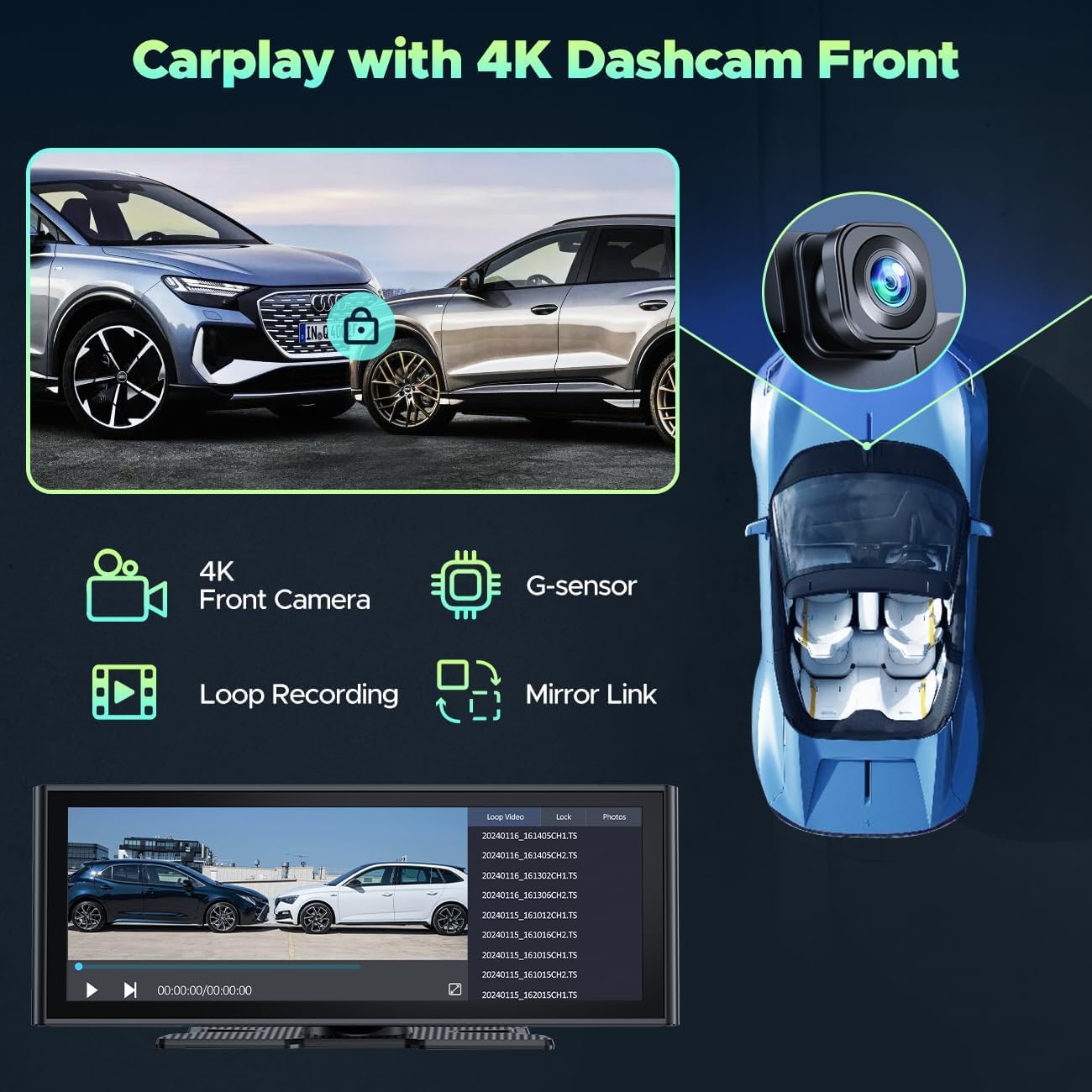 Cason 4k Dash Camera for Car with Carplay/Android System Touch Screen 10-Inch, Front Dash Cam for Car with GPS, with Voice Control,Bluetooth for All Vehicles