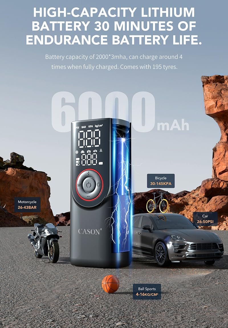 Cason Wireless + Wired (6000 mAh Battery & 12V USB Port) Tyre Inflator for Car,Bike & Cycle,2 x Faster Inflation,Car Electric Air Pump for Tyres Automatic -150 PSI with Powerbank,Air Pressure Pump