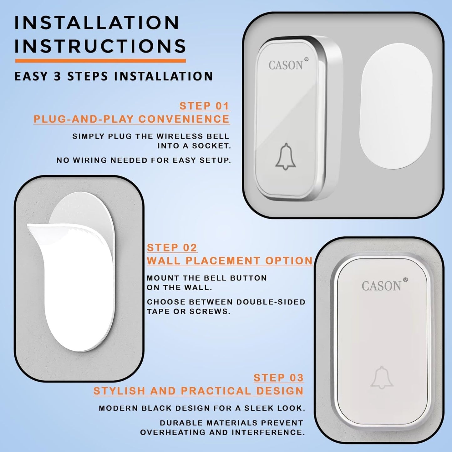 CASON - Self-Powered Battery Free Wireless Door Bell for Home Long Range/Wireless Calling Bell,Remote Bell With Socket Plug In type,up to 1000ft Range (White)