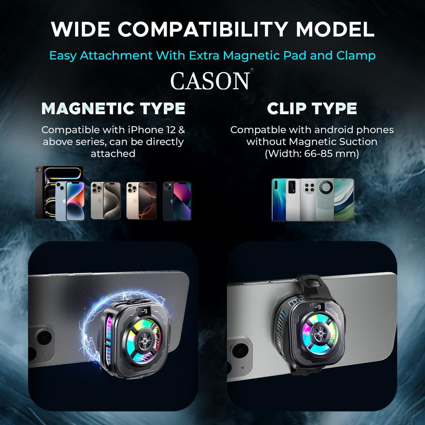 Cason Phone Cooler for Gaming – MagSafe + Clamp Mounting| Mobile Cooling Fan for iPhone & Android with RGB Light & Semi conductor|Reaches -9°C |Dual Mode Mobile Gaming Cooler with Temperature Display