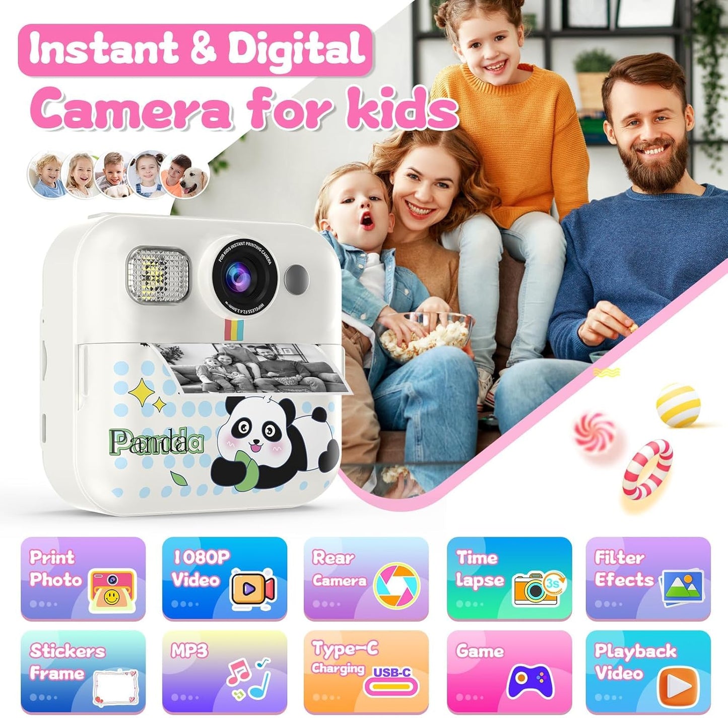 Cason Instant Camera for Kids with Print,1080P HD Instant Photo Camera with Games,3 Print Rolls,Fun Filters for Creativity for 5-15 Years Kids Upto 32GB