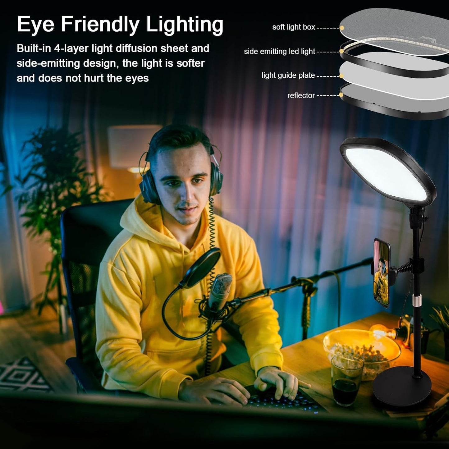 Cason Slab Key Light for Video Shooting YouTube, Tripod Stand with Light Five Color Temperatures 3200K-5600K, Adjustable Brightness 1455 Lumens, CRI 95+ with Extendable Stand for Content Creation.