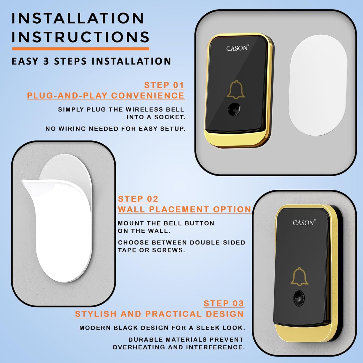 CASON - Wireless Door Bell for Home Long Range/Door Bell wireless For Home/Wireless Calling Bell,Remote Bell With Socket Plug In type, up to 1000ft Range with 45 Chimes