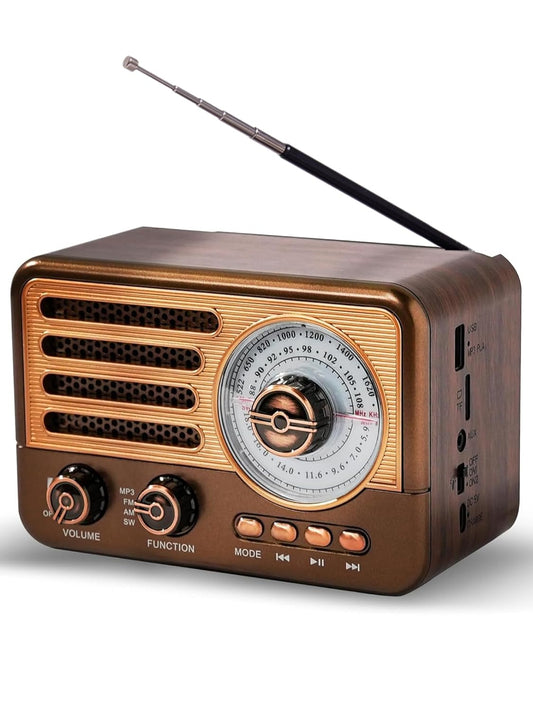 Cason FR22 Fm Radio for Home with Bluetooth Speaker,Vintage Radio with USB -Retro Radio Portable Music Player with Transistor Frequency Knob Meter,SD Card,Headphone Jack(Brown)