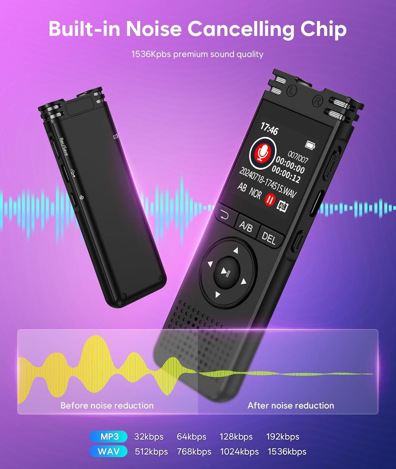Cason 32GB Voice Recorder Device with AI Noise Reduction & Mp3 Player with Earphones,Audio Recording Device/Voice Recorder Mic Upto 50 Hours for Meetings/Lectures(Black)