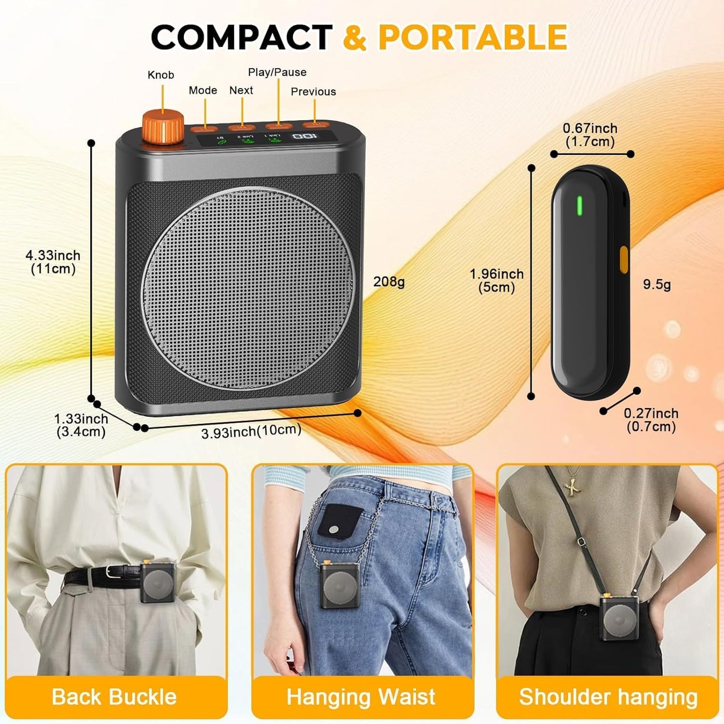 Cason Wireless Voice Amplifier for Teachers with 2 Mic for Teaching in Classroom & Magnetic Lavalier,16 Hour Battery, Bluetooth Collar Mic with Speaker for Tour Guides, Meeting