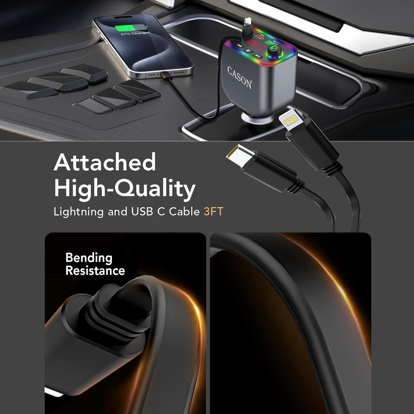 Cason Car Charger 120W Type-C Fast Charging with Bluetooth FM Transmitter- 4-in-1 Retractable Car Mobile Charger Cable with 2 USB Port, with LED Display for iPhone, Android Smartphone (Retractable)