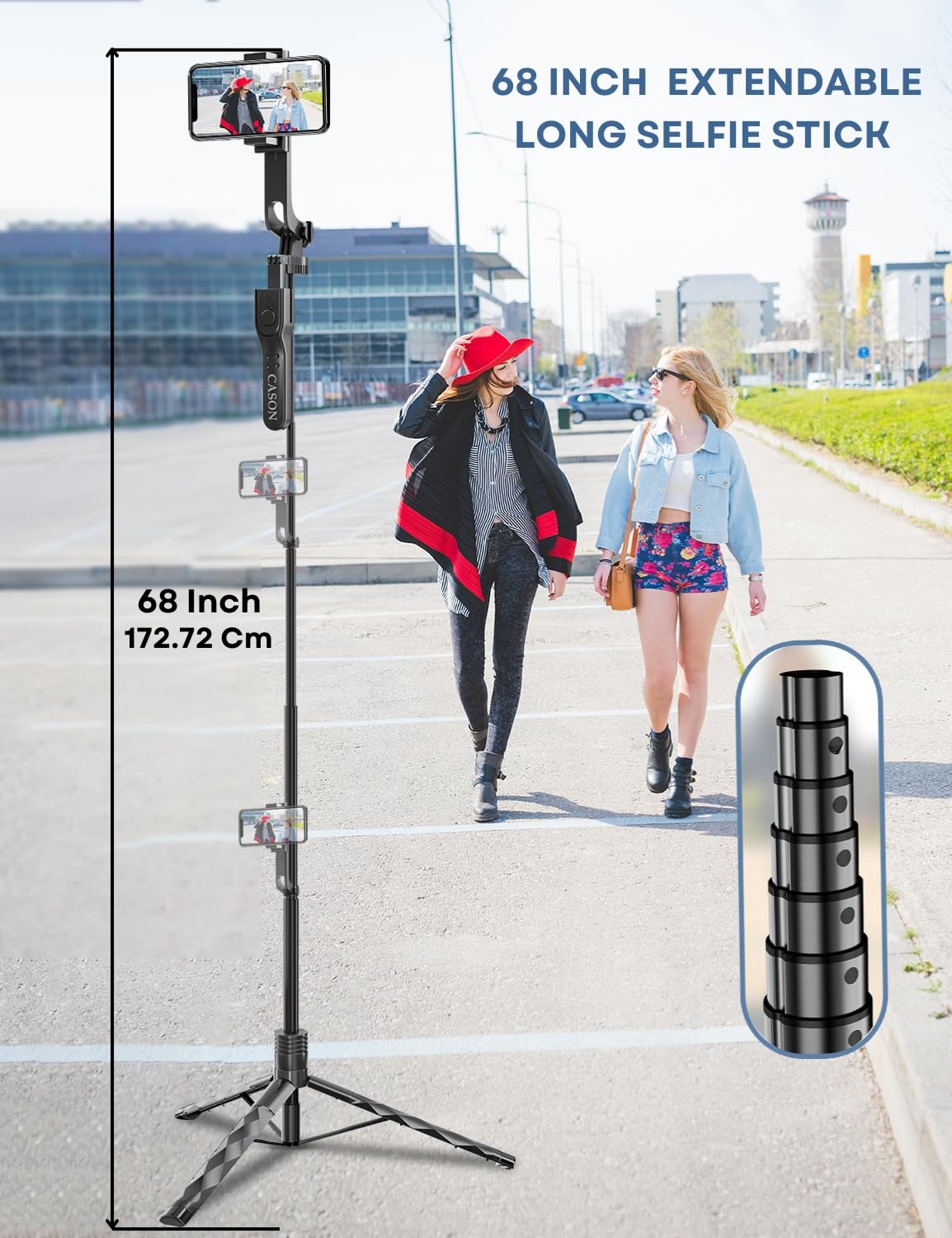 Cason Long 69 Inch Selfie Stick for iPhone & Mobile with 2 LED Lights, Portable Tripod with Bluetooth Remote- Selfie Stand for 2 Mobile Phones (Horizontal,Vertical) & Camera (Black)