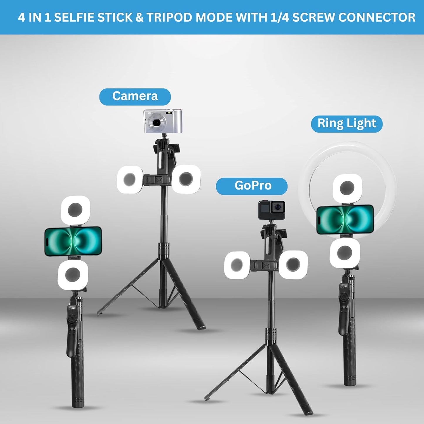 Cason Long 69 Inch Selfie Stick for iPhone & Mobile with 2 LED Lights, Portable Tripod with Bluetooth Remote- Selfie Stand for 2 Mobile Phones (Horizontal,Vertical) & Camera (Black)