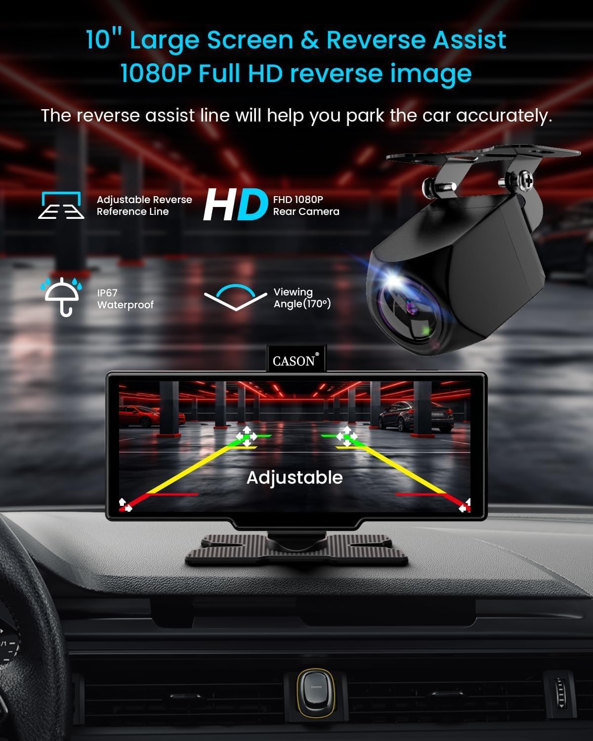 Cason 4k Dash Camera for Car with Carplay/Android System Touch Screen 10-Inch &1080P Rear Camera,Car Dash Camera Front and Rear with GPS, with Voice Control,Bluetooth for All Vehicles
