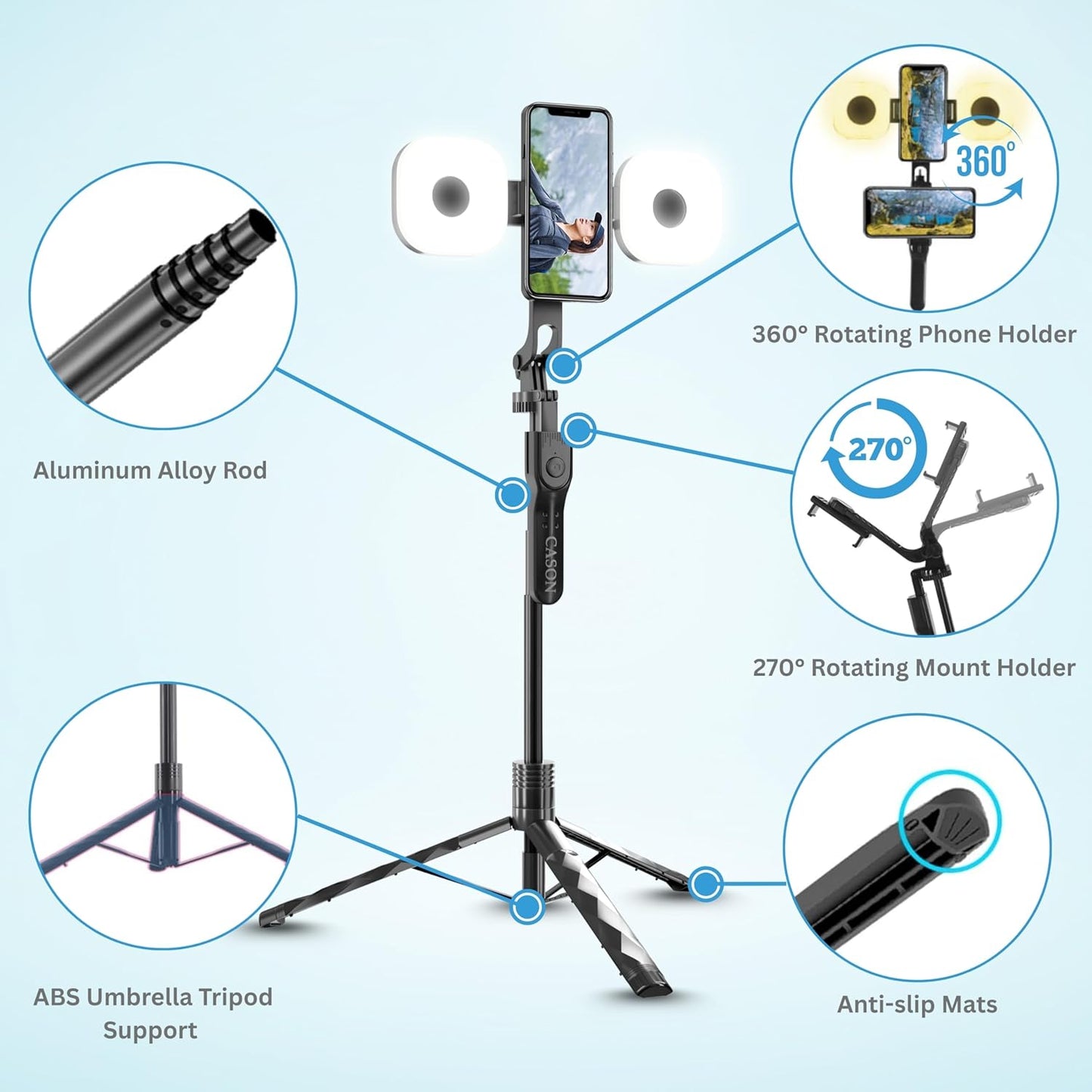 Cason Long 69 Inch Selfie Stick for iPhone & Mobile with 2 LED Lights, Portable Tripod with Bluetooth Remote- Selfie Stand for 2 Mobile Phones (Horizontal,Vertical) & Camera (Black)