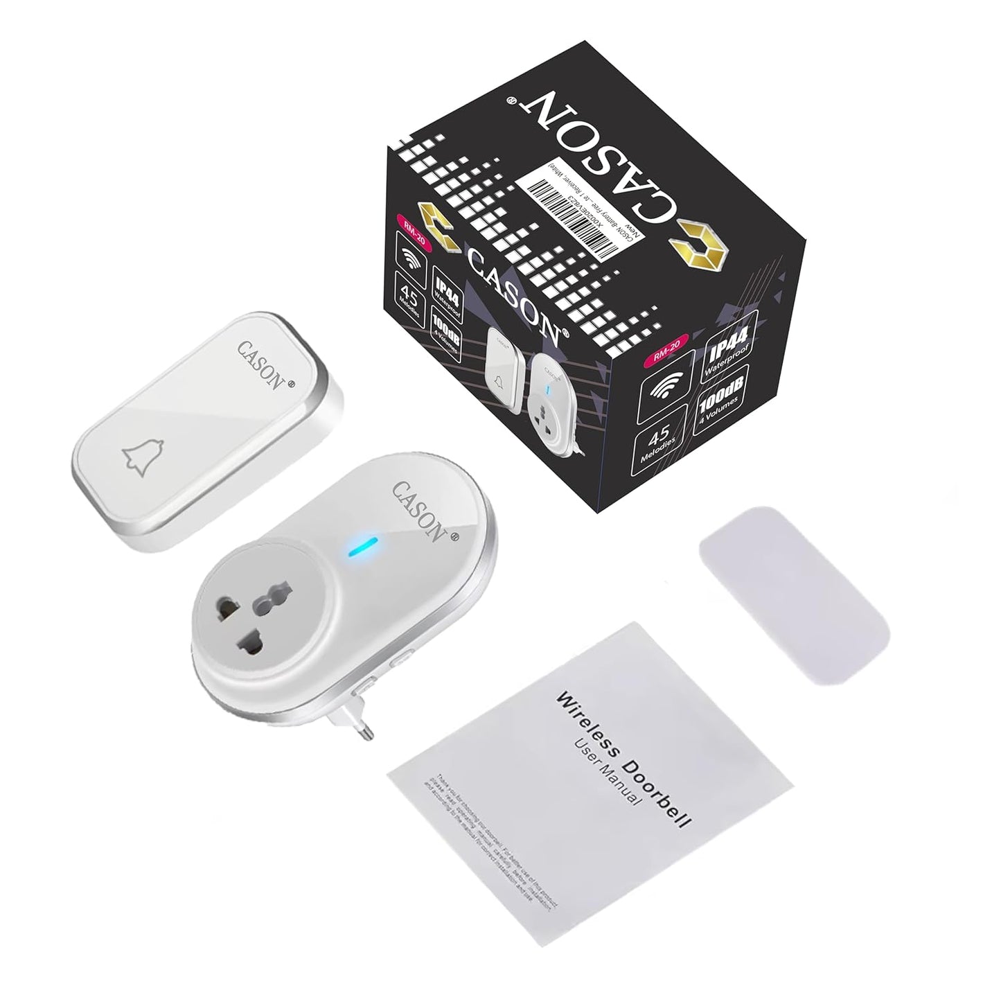 CASON - Self-Powered Battery Free Wireless Door Bell for Home Long Range/Wireless Calling Bell,Remote Bell With Socket Plug In type,up to 1000ft Range (White)