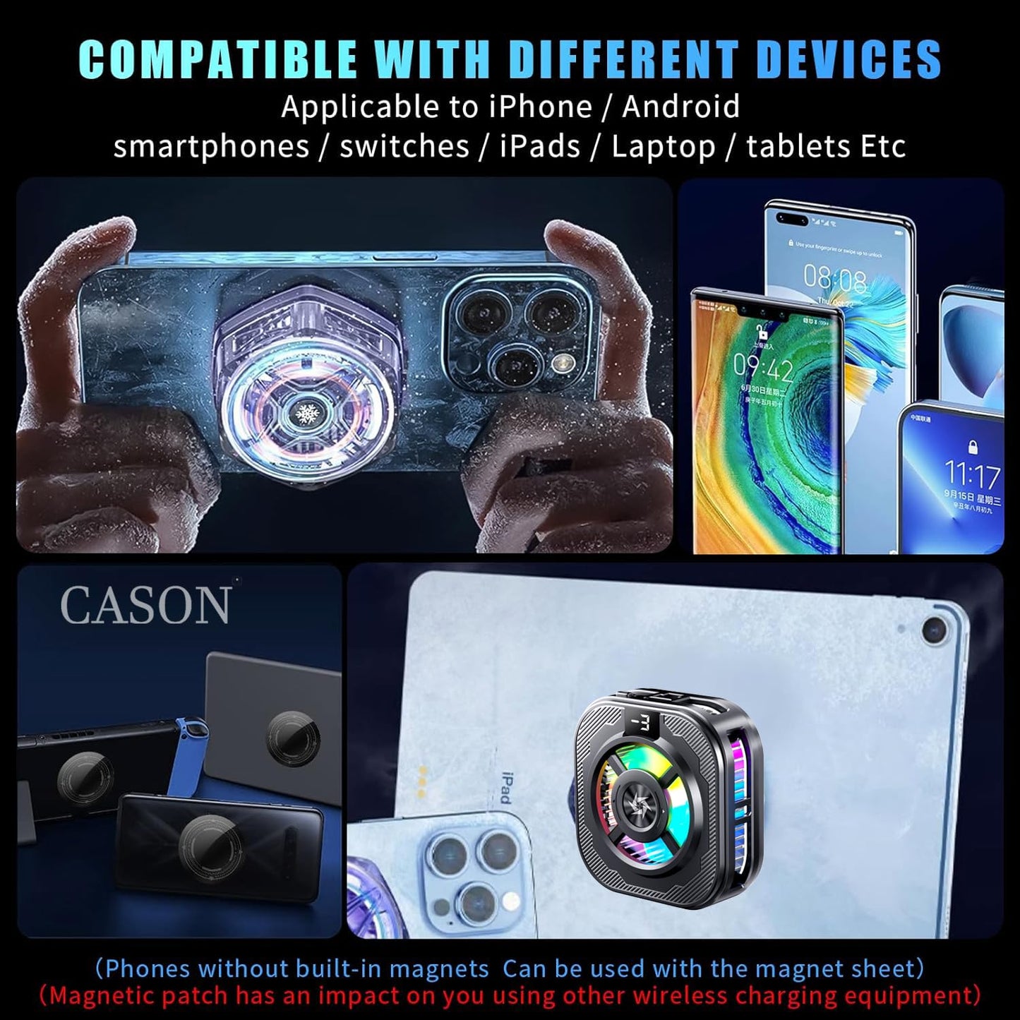 Cason Phone Cooler for Gaming – MagSafe + Clamp Mounting| Mobile Cooling Fan for iPhone & Android with RGB Light & Semi conductor|Reaches -9°C |Dual Mode Mobile Gaming Cooler with Temperature Display