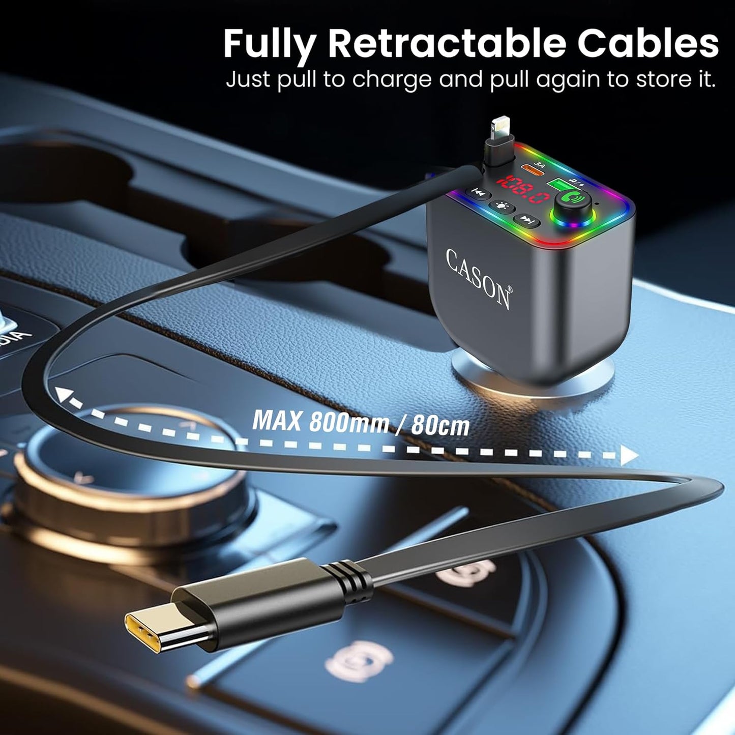 Cason Car Charger 120W Type-C Fast Charging with Bluetooth FM Transmitter- 4-in-1 Retractable Car Mobile Charger Cable with 2 USB Port, with LED Display for iPhone, Android Smartphone (Retractable)