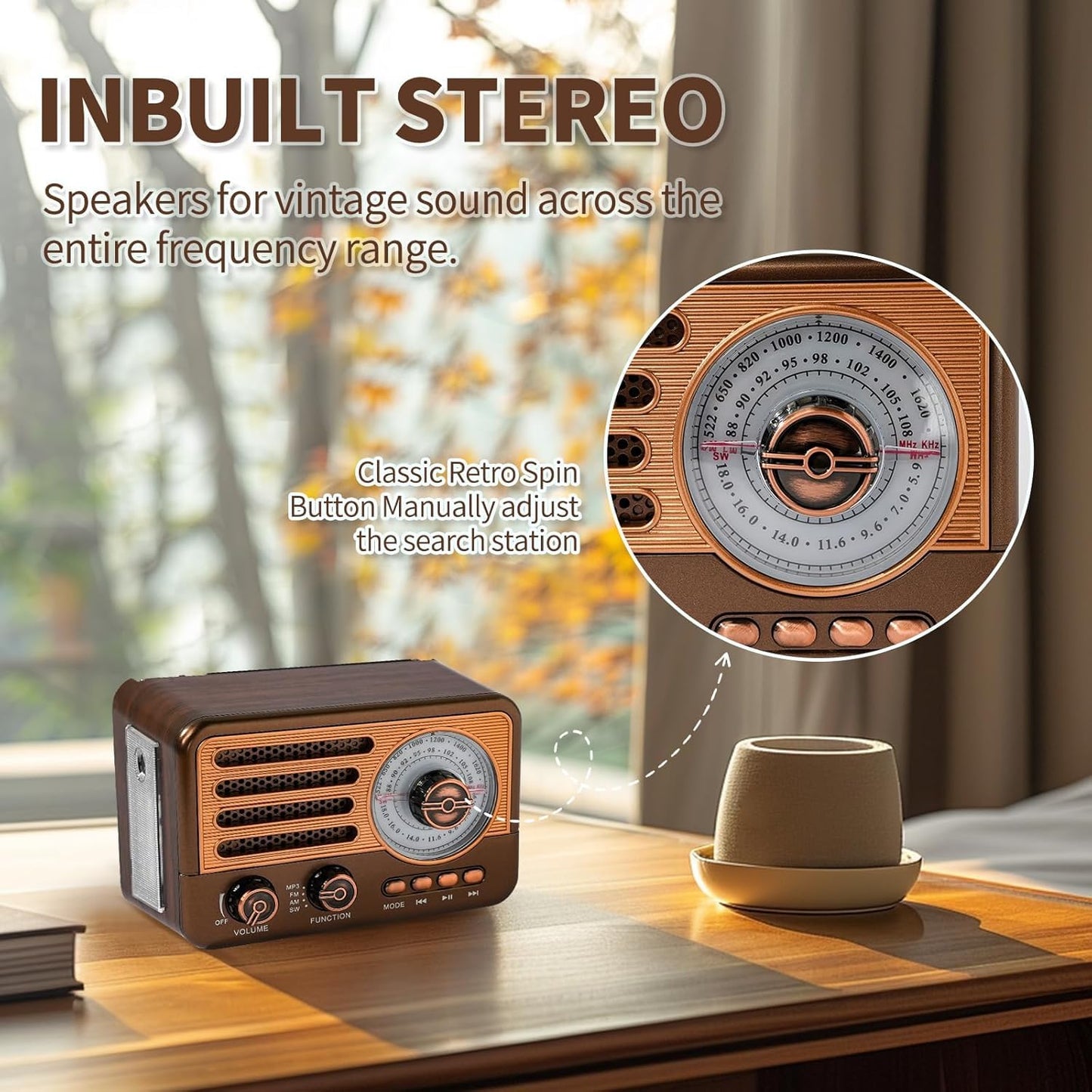 Cason FR22 Fm Radio for Home with Bluetooth Speaker,Vintage Radio with USB -Retro Radio Portable Music Player with Transistor Frequency Knob Meter,SD Card,Headphone Jack(Brown)
