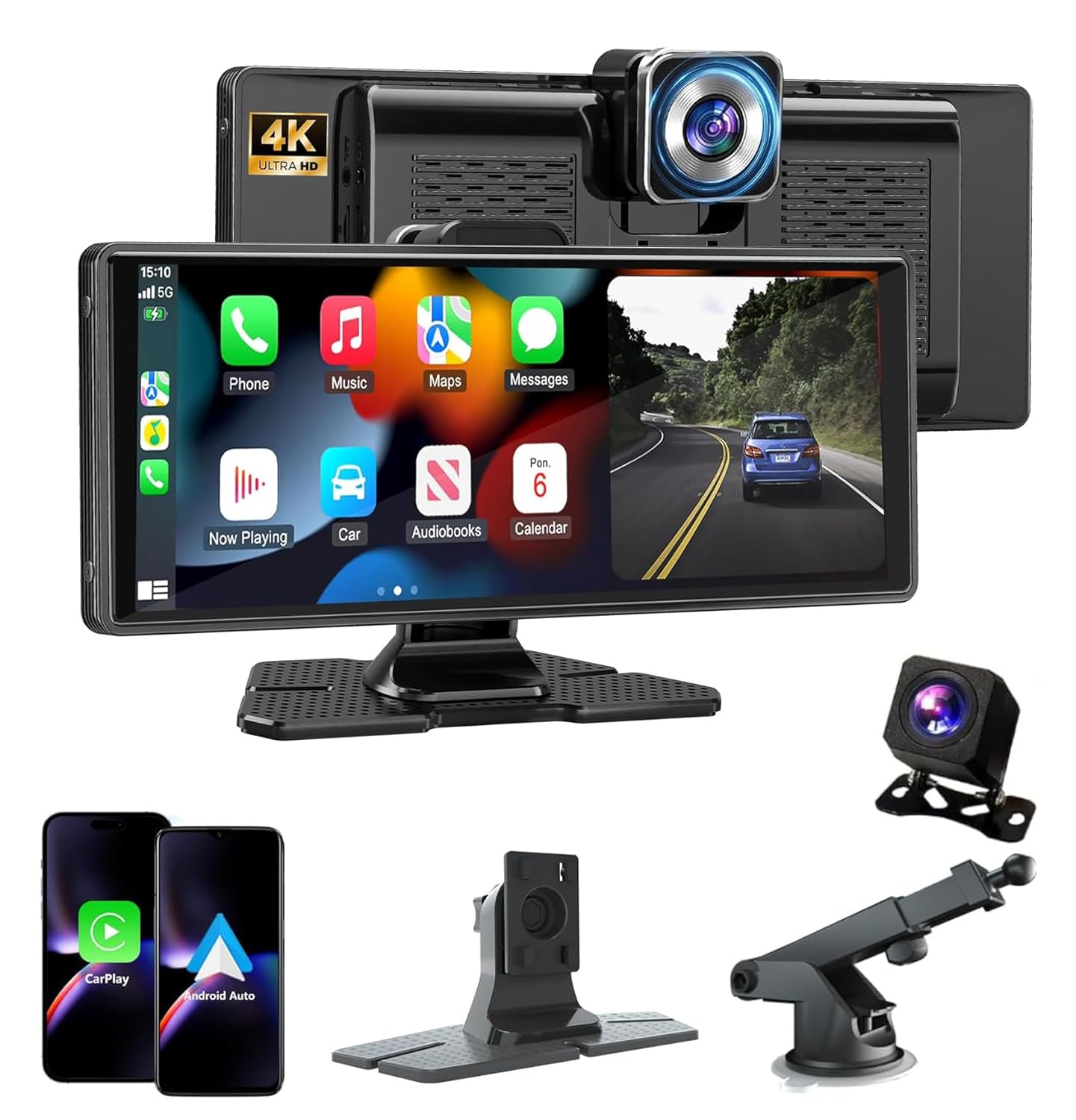 Cason 4k Dash Camera for Car with Carplay/Android System Touch Screen 10-Inch &1080P Rear Camera,Car Dash Camera Front and Rear with GPS, with Voice Control,Bluetooth for All Vehicles