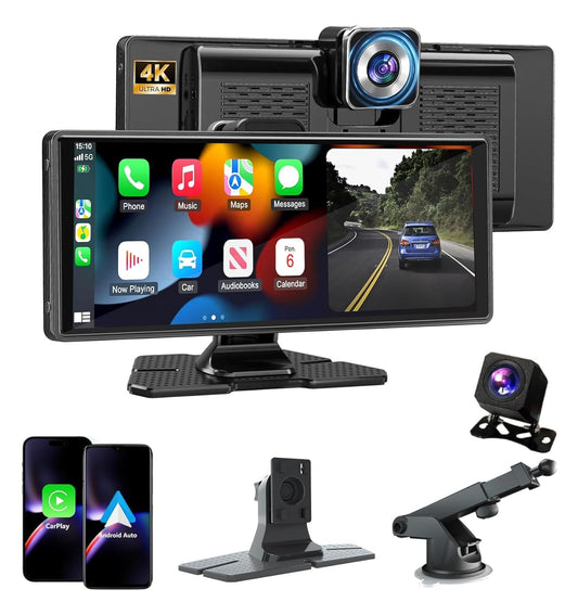 Cason 4k Dash Camera for Car with Carplay/Android System Touch Screen 10-Inch &1080P Rear Camera,Car Dash Camera Front and Rear with GPS, with Voice Control,Bluetooth for All Vehicles