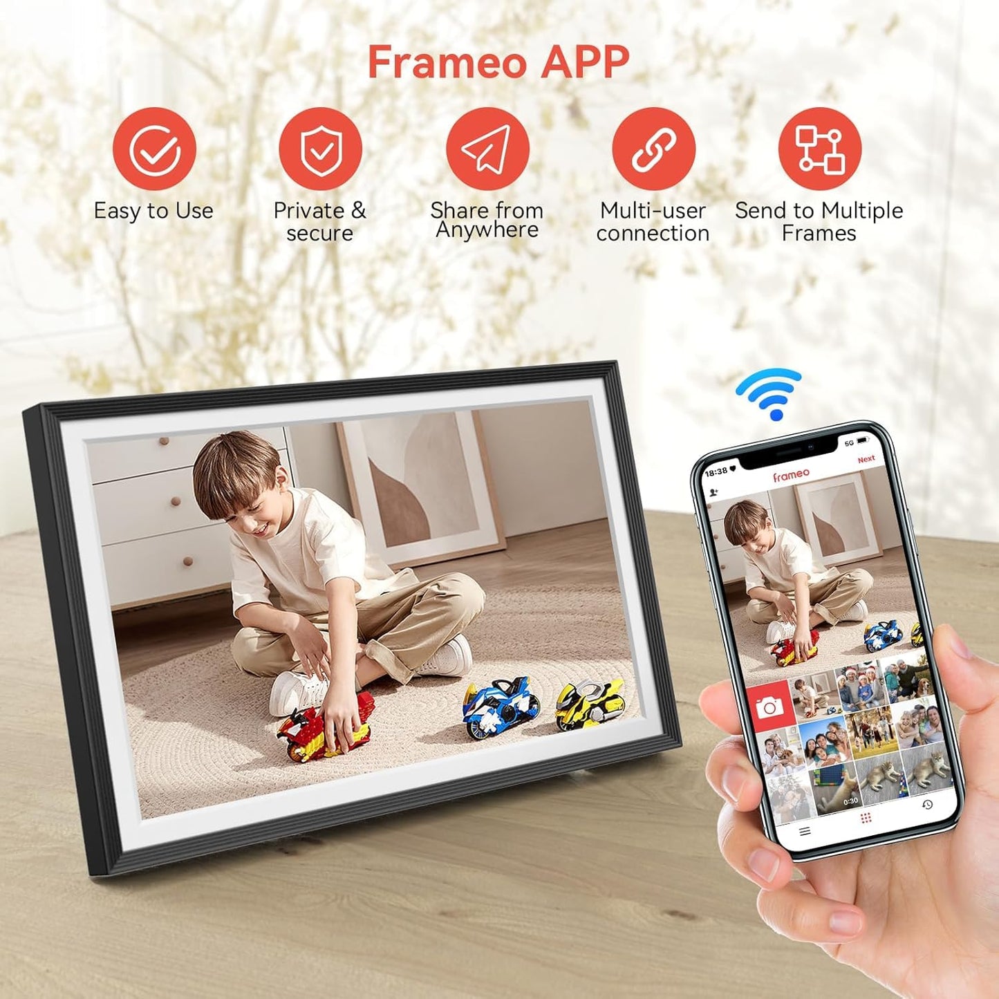 Cason x Frameo- 10.1 inch Digital Photo Frame for Wall & Table, Built in 32 GB Memory with 1280x800 IPS LCD Touchscreen via Frameo APP, WiFi Enabled Digital Frame with Slideshow, Auto-Rotate Feature