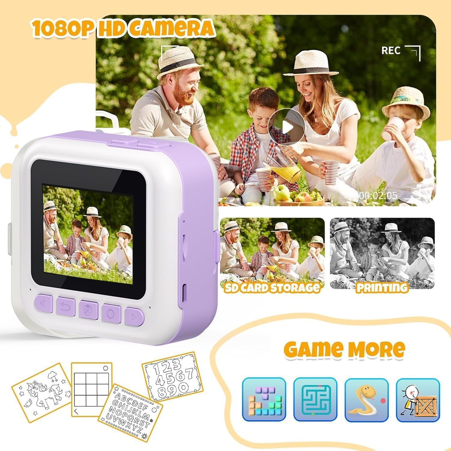 Cason Instant Camera for Kids with Print,1080P HD Instant Photo Camera with Games,3 Print Rolls,Fun Filters for Creativity for 5-15 Years Kids Upto 32GB