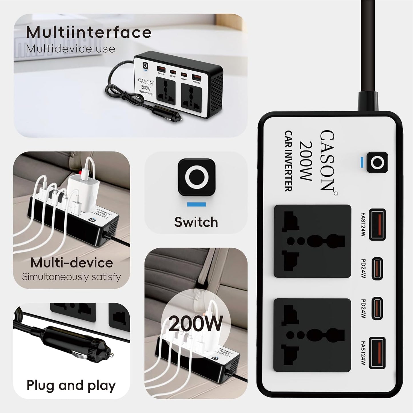 Cason -200W Car Inverter 12V to 220V, QC3.0 Fast Charging Car Laptop Charger, Power Inverter with 2 USB (3.1A Max) + 2 Type-C (24W PD),Car Socket to Plug Adapter(Black,White)
