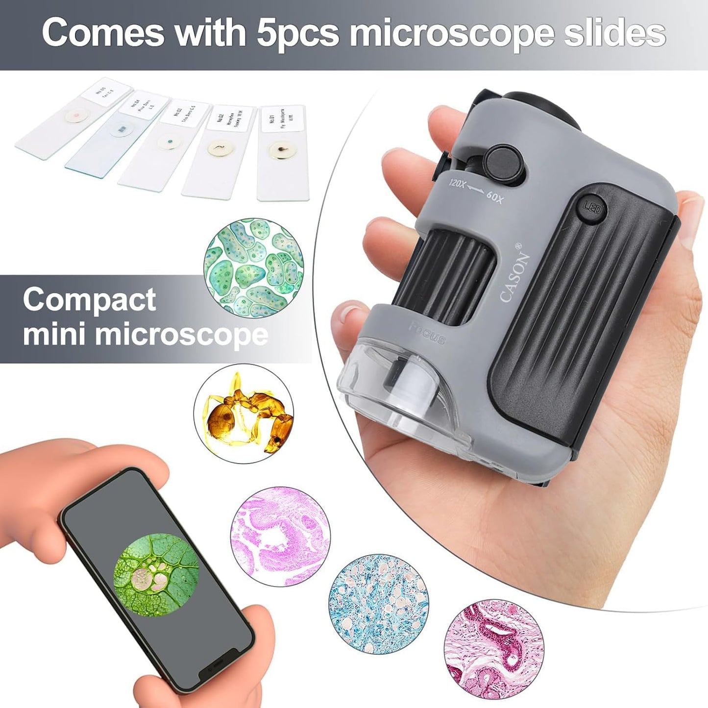 Cason Proffessional Pocket Microscope 60X-120X with 5 Prepared Slides,LED Lighted Mini Microscope for Kids, Students, Handheld Lab Microscope for Learning, Education and Science Exploration