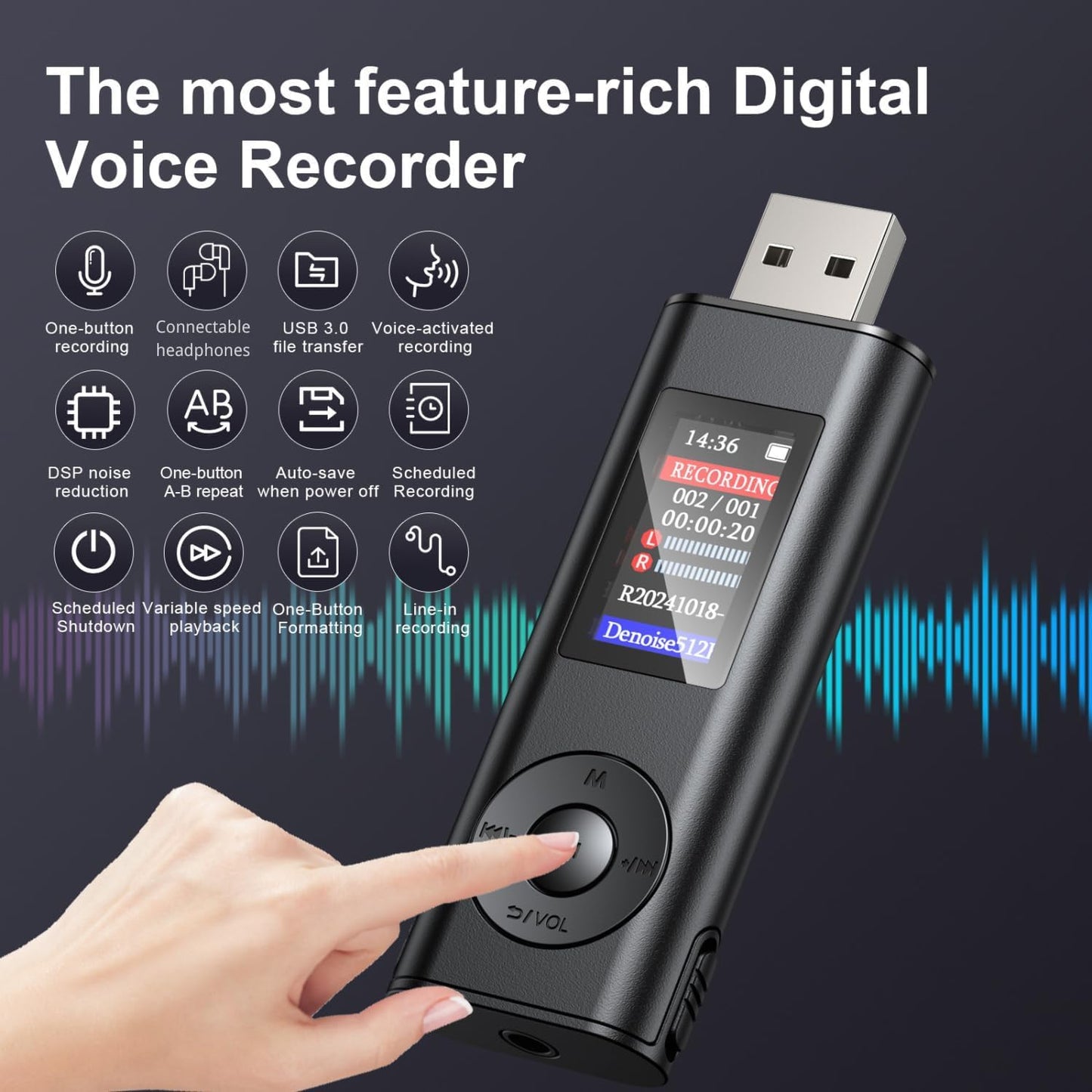 Cason 32GB Voice Recorder Device with AI Noise Reduction & Mp3 Player with Earphones,Audio Recording Device/Voice Recorder Mic Upto 40 Hours for Meetings/Lectures(Black)