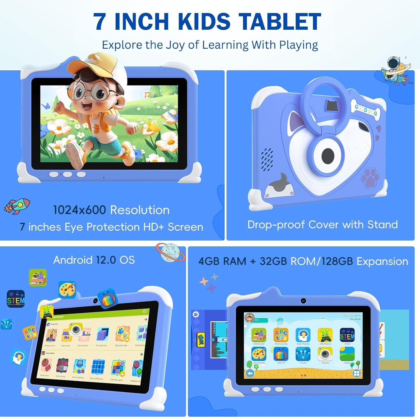 CASON 7 inch Kid Tablet for Study 5-12 Years Age,4GB+32GB Android Tab for Kids,Mini Tablet with Shockproof Case,FHD Eye Comfort Display,Parental Control, Games & Education for Boys, Girls