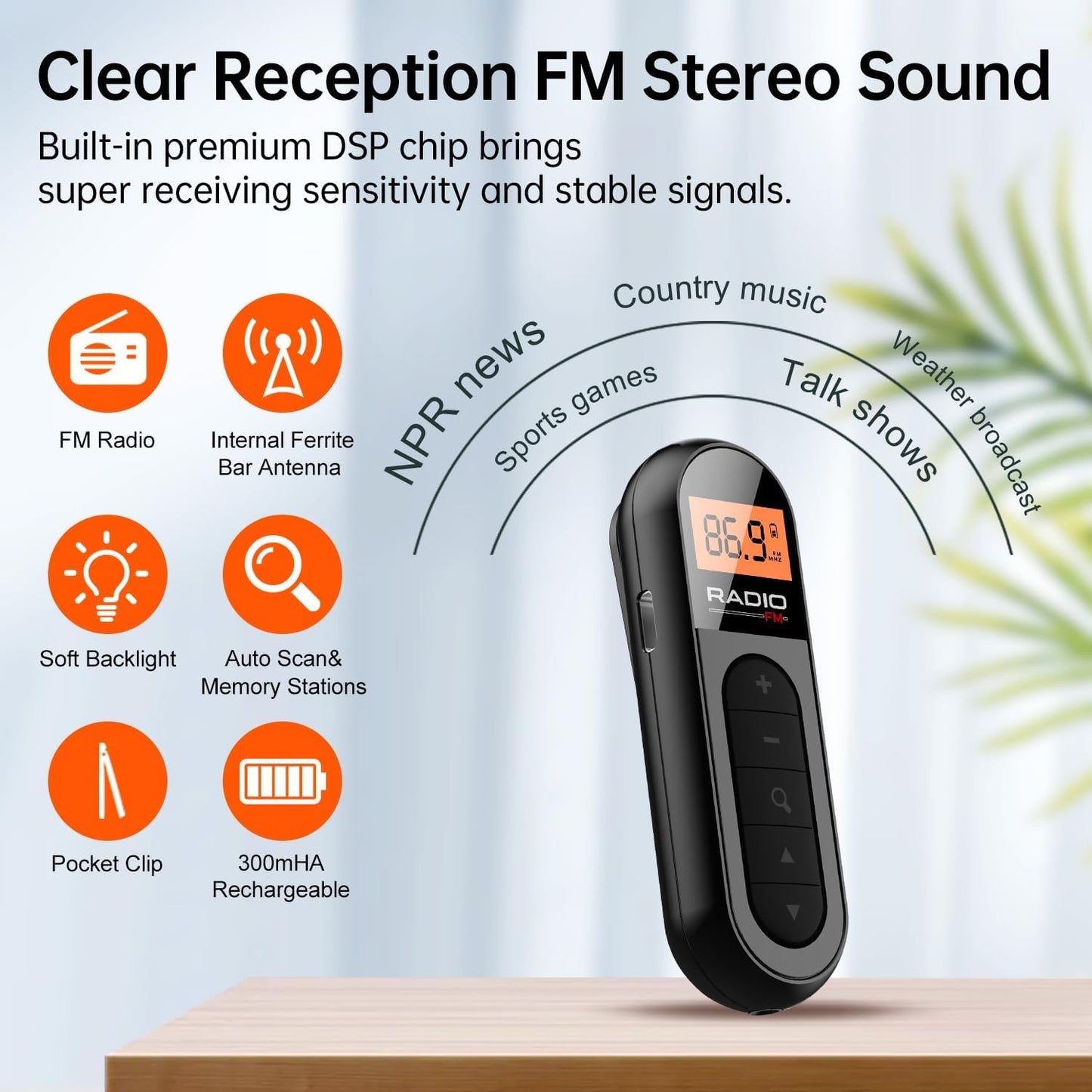 Cason Small FM Radio/Pocket Mini Radio with Earphones,USB Rechargeable Portable Transistor Radio,Digital Tuning,LCD Screen,Stereo Sound, Belt Clip for Gym,Walking(Black)