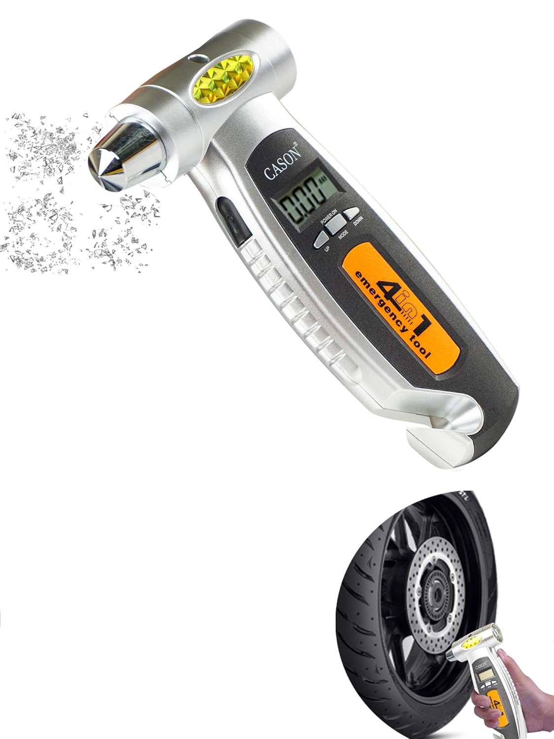 Cason 4 in 1 Digital Tyre Pressure Gauge With Car Window Hammer, Seat belt Cutter, Flashlight| Tyre pressure monitoring for Real-Time Readings