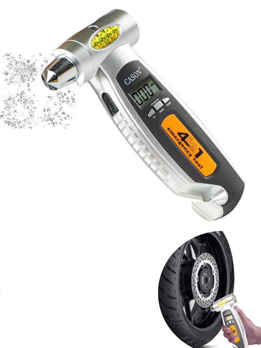 Cason 4 in 1 Digital Tyre Pressure Gauge With Car Window Hammer, Seat belt Cutter, Flashlight| Tyre pressure monitoring for Real-Time Readings