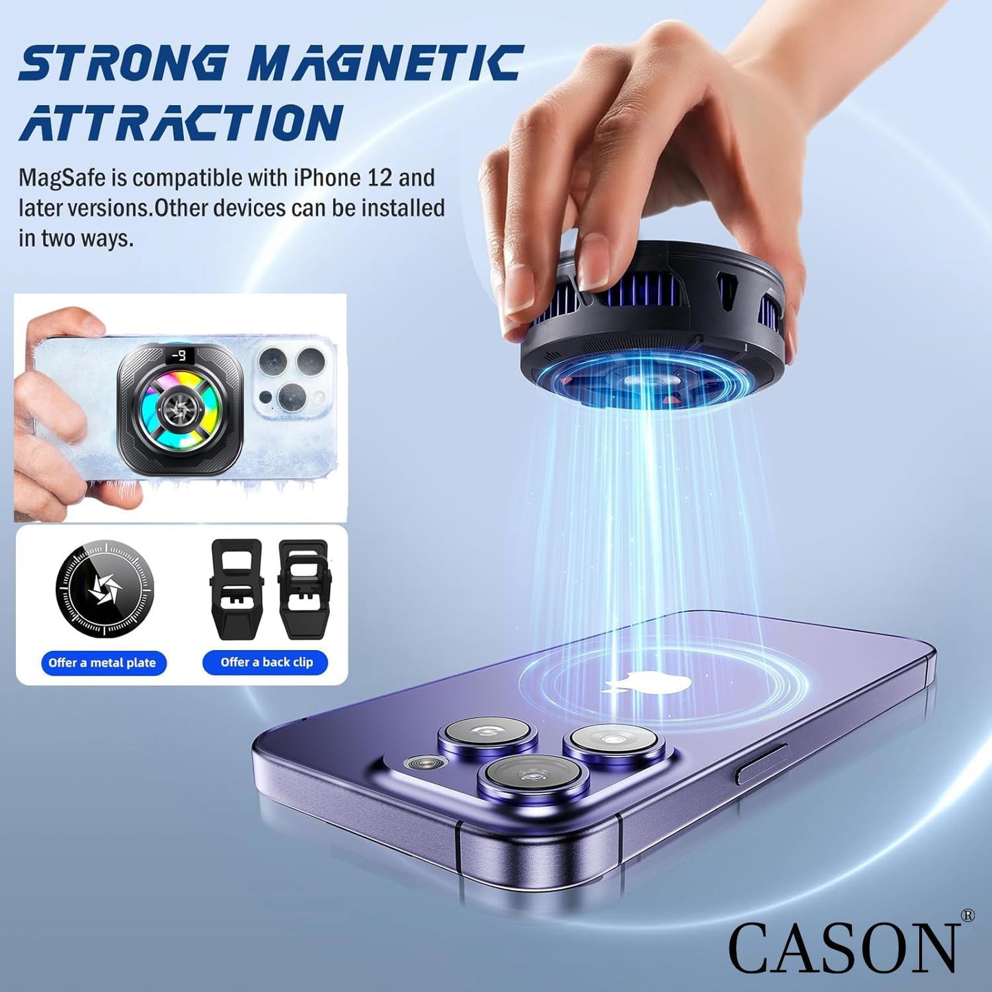 Cason Phone Cooler for Gaming – MagSafe + Clamp Mounting| Mobile Cooling Fan for iPhone & Android with RGB Light & Semi conductor|Reaches -9°C |Dual Mode Mobile Gaming Cooler with Temperature Display
