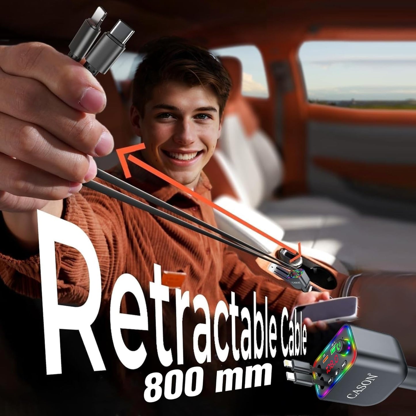 Cason Car Charger 120W Type-C Fast Charging with Bluetooth FM Transmitter- 4-in-1 Retractable Car Mobile Charger Cable with 2 USB Port, with LED Display for iPhone, Android Smartphone (Retractable)