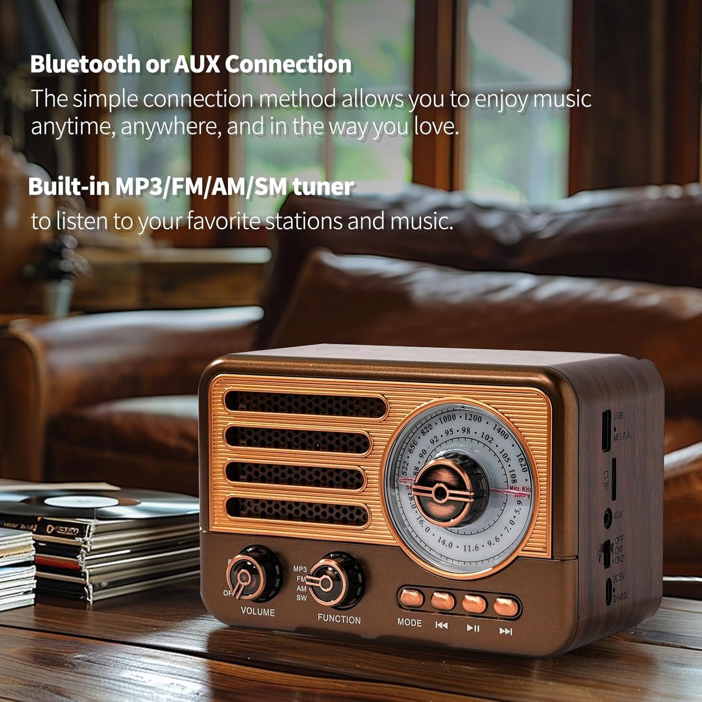 Cason FR22 Fm Radio for Home with Bluetooth Speaker,Vintage Radio with USB -Retro Radio Portable Music Player with Transistor Frequency Knob Meter,SD Card,Headphone Jack(Brown)