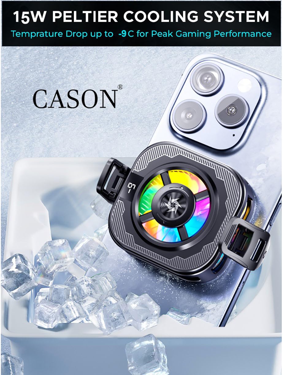 Cason Phone Cooler for Gaming – MagSafe + Clamp Mounting| Mobile Cooling Fan for iPhone & Android with RGB Light & Semi conductor|Reaches -9°C |Dual Mode Mobile Gaming Cooler with Temperature Display