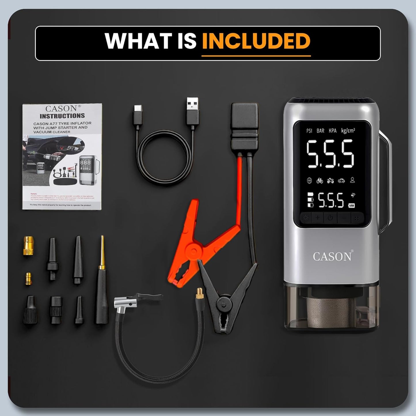 CASON 6 in 1 Tyre Inflator for Car,Bike with Car Battery Jump Starter,Vaccum Cleaner & Power Bank,3X Faster Inflation Air Inflator Pump(10,000 mAH)(Grey), 23 Liters Per Minute