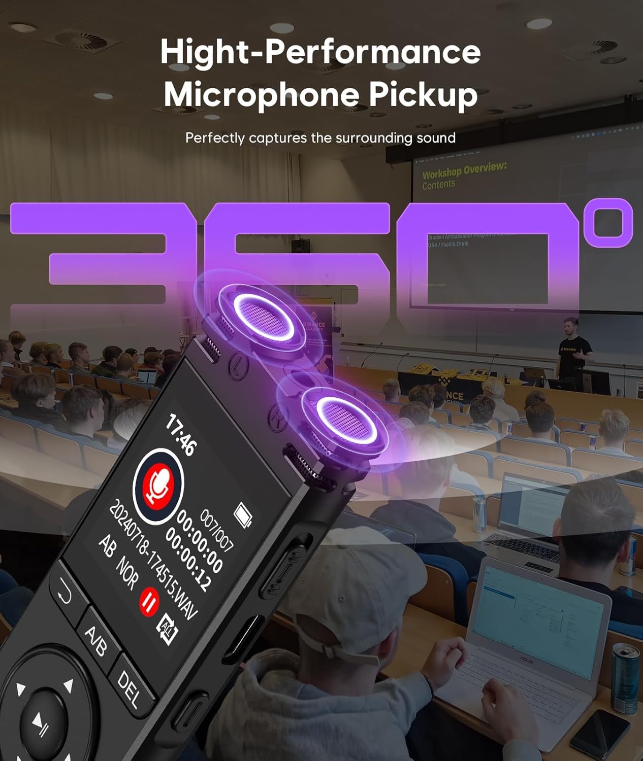 Cason 32GB Voice Recorder Device with AI Noise Reduction & Mp3 Player with Earphones,Audio Recording Device/Voice Recorder Mic Upto 50 Hours for Meetings/Lectures(Black)
