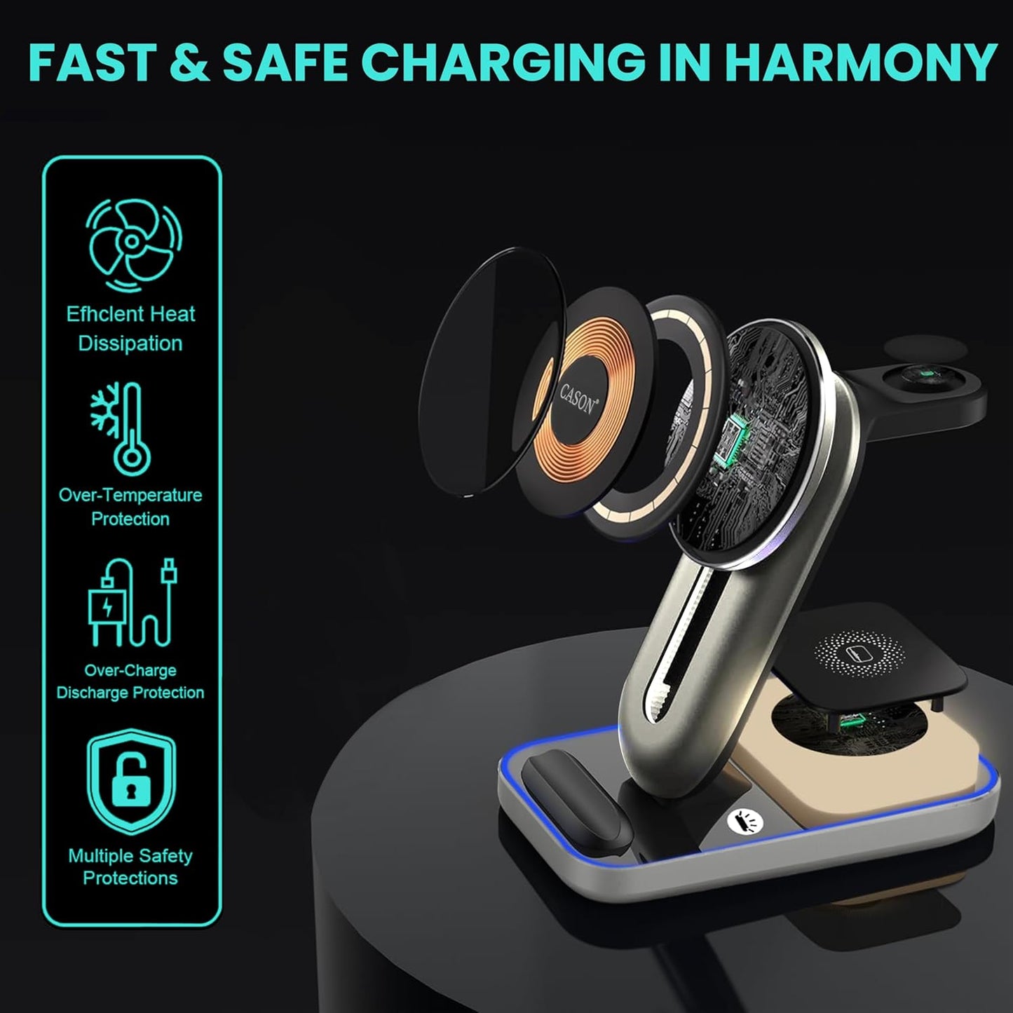 Cason 23W Certified Qi2 Wireless Charger for iPhone,Magnetic 3 in 1 Mag Safe Wireless Charging Pad/Stand,Fast Charging Dock for iPhone 13,14,15,16 & S23,S24 Ultra (Mettalic Grey)