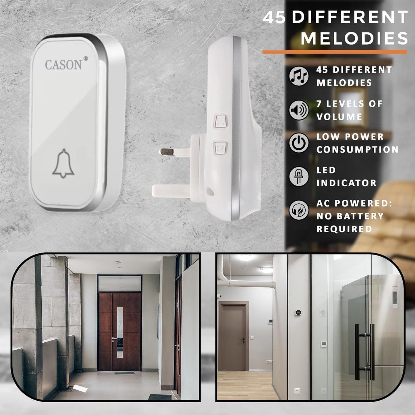 CASON - Self-Powered Battery Free Wireless Door Bell for Home Long Range/Wireless Calling Bell,Remote Bell With Socket Plug In type,up to 1000ft Range (White)