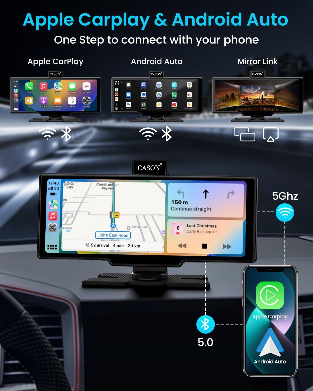 Cason 4k Dash Camera for Car with Carplay/Android System Touch Screen 10-Inch &1080P Rear Camera,Car Dash Camera Front and Rear with GPS, with Voice Control,Bluetooth for All Vehicles