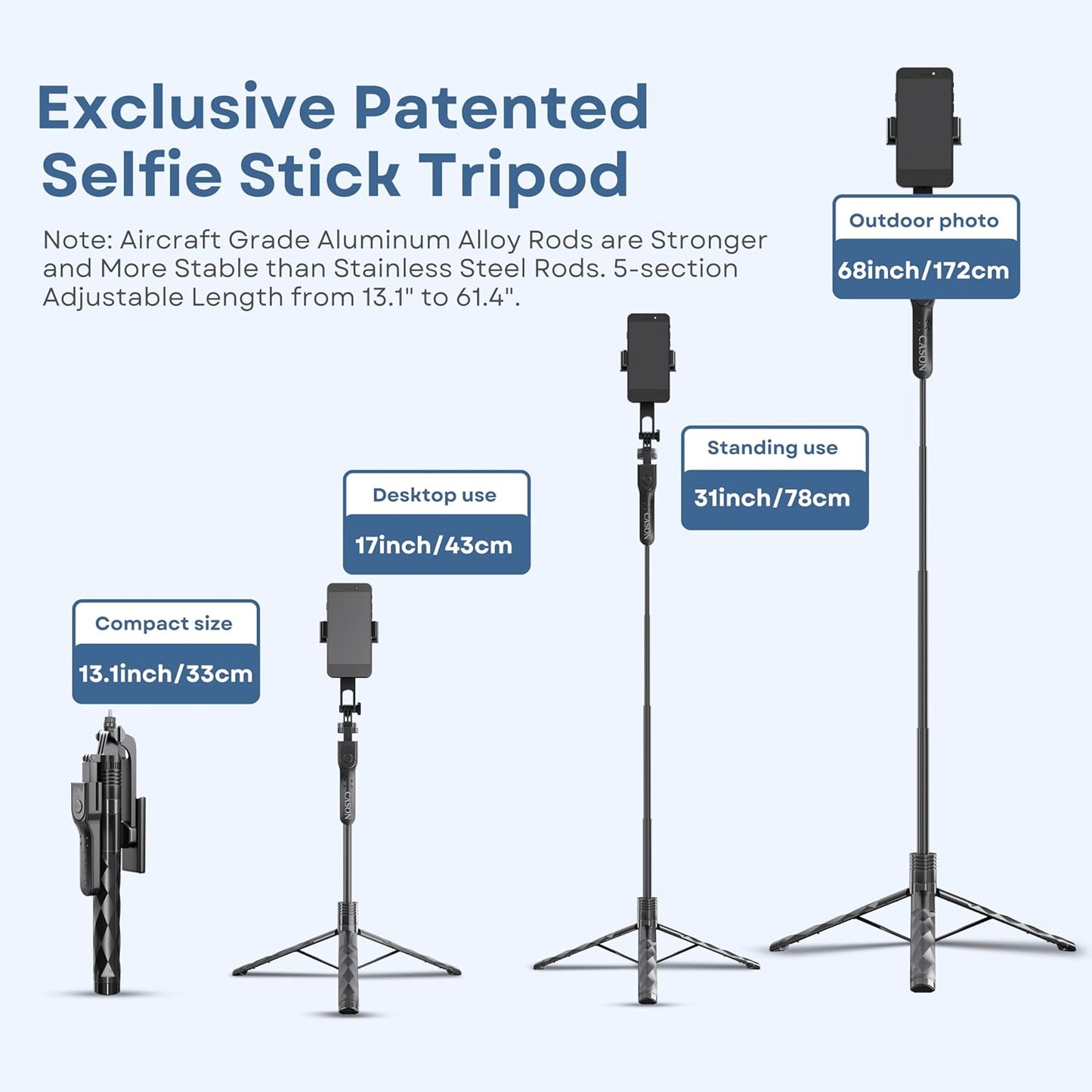 Cason Long 69 Inch Selfie Stick for iPhone & Mobile, Portable Tripod with Bluetooth Remote- Selfie Stand for 2 Mobile Phones (Horizontal,Vertical) & Camera(Black)