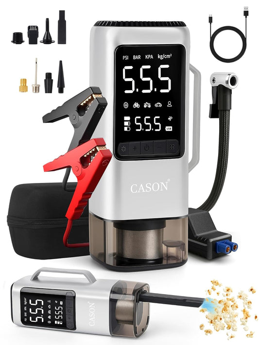 CASON 6 in 1 Tyre Inflator for Car,Bike with Car Battery Jump Starter,Vaccum Cleaner & Power Bank,3X Faster Inflation Air Inflator Pump(10,000 mAH)(Grey), 23 Liters Per Minute