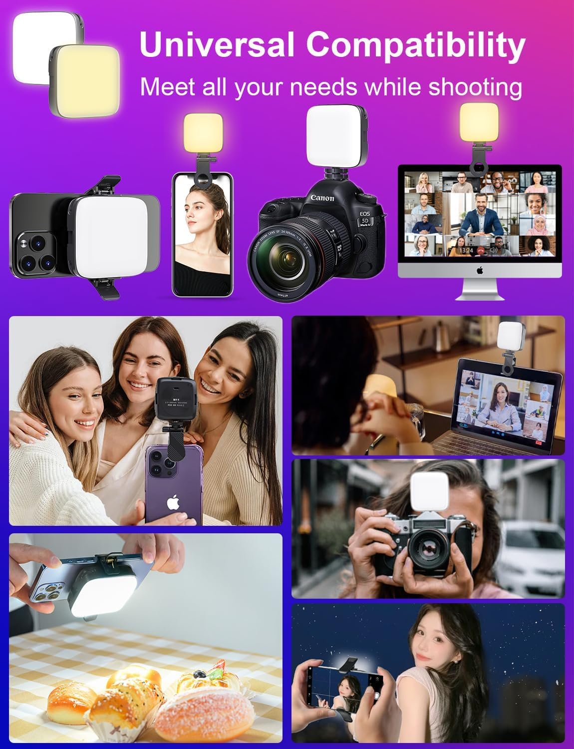 Cason Selfie Light for Mobile - Dimmable 3000-9900K Ring Light for Phone, Rechargeable LED Camera Light for Video Shooting, Laptop Light for Video Conferences (White, Warm Light)