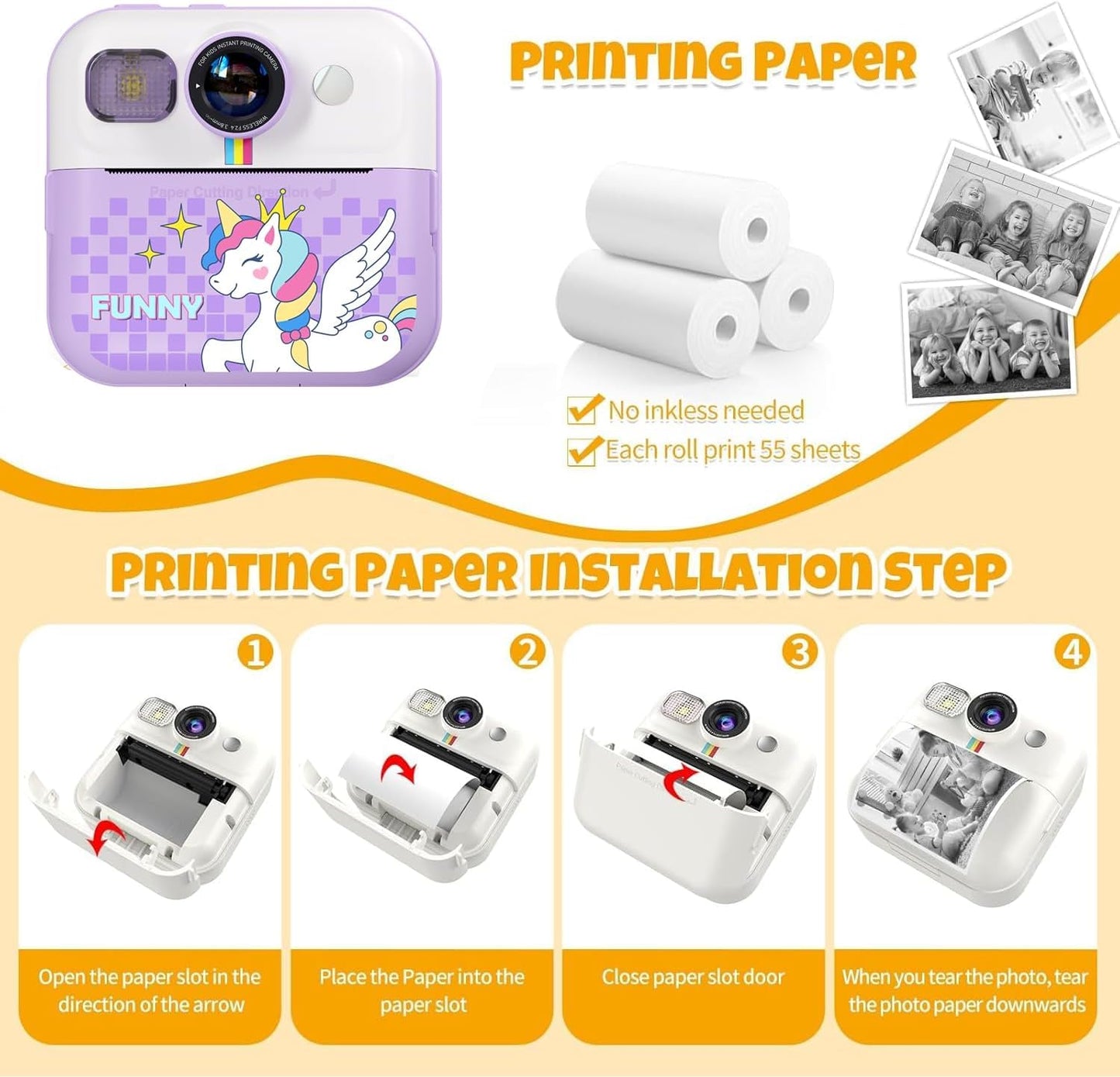 Cason Instant Camera for Kids with Print,1080P HD Instant Photo Camera with Games,3 Print Rolls,Fun Filters for Creativity for 5-15 Years Kids Upto 32GB