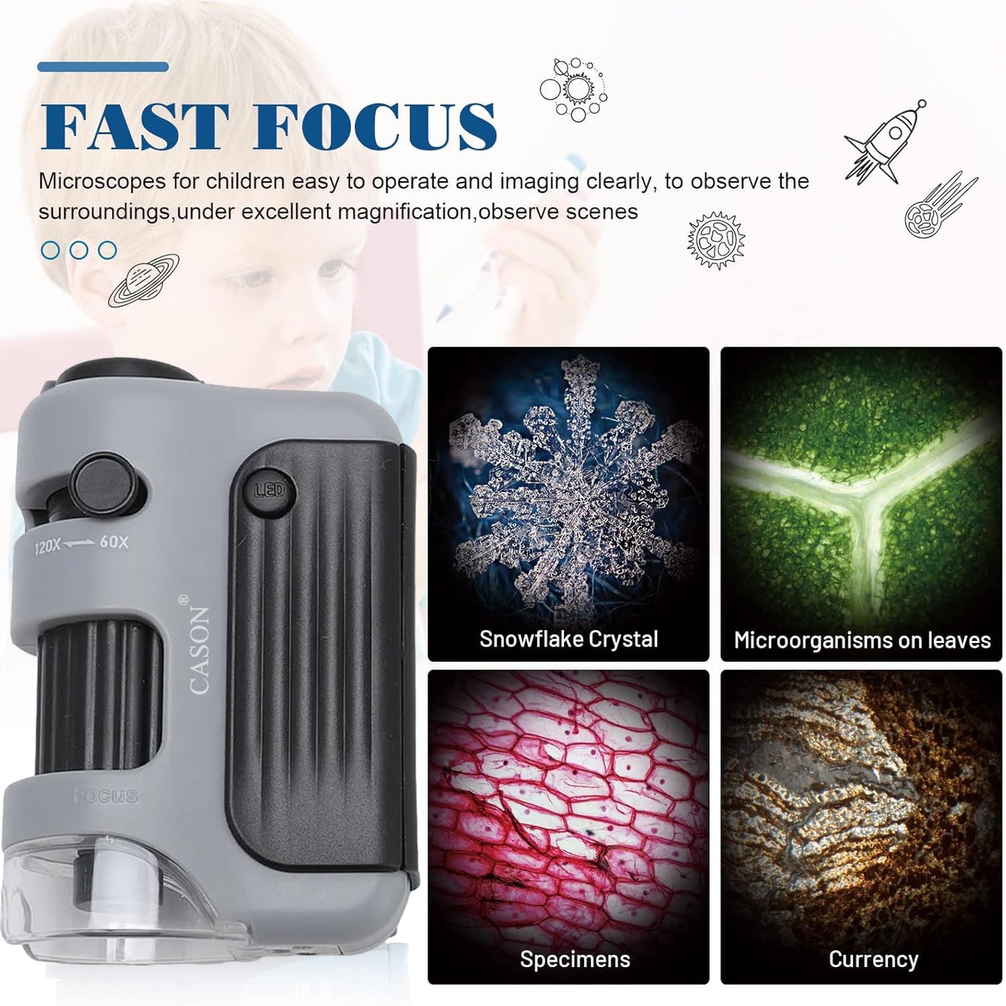 Cason Proffessional Pocket Microscope 60X-120X with 5 Prepared Slides,LED Lighted Mini Microscope for Kids, Students, Handheld Lab Microscope for Learning, Education and Science Exploration