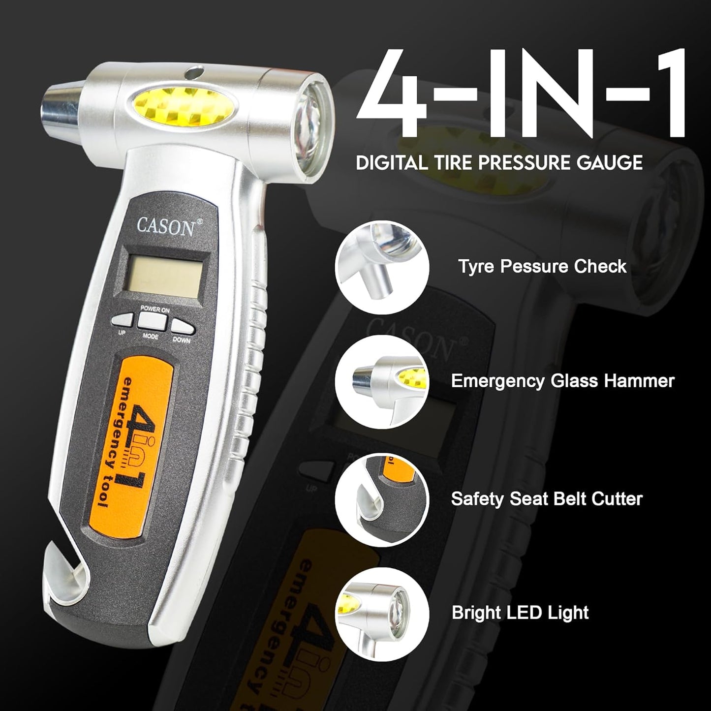 Cason 4 in 1 Digital Tyre Pressure Gauge With Car Window Hammer, Seat belt Cutter, Flashlight| Tyre pressure monitoring for Real-Time Readings