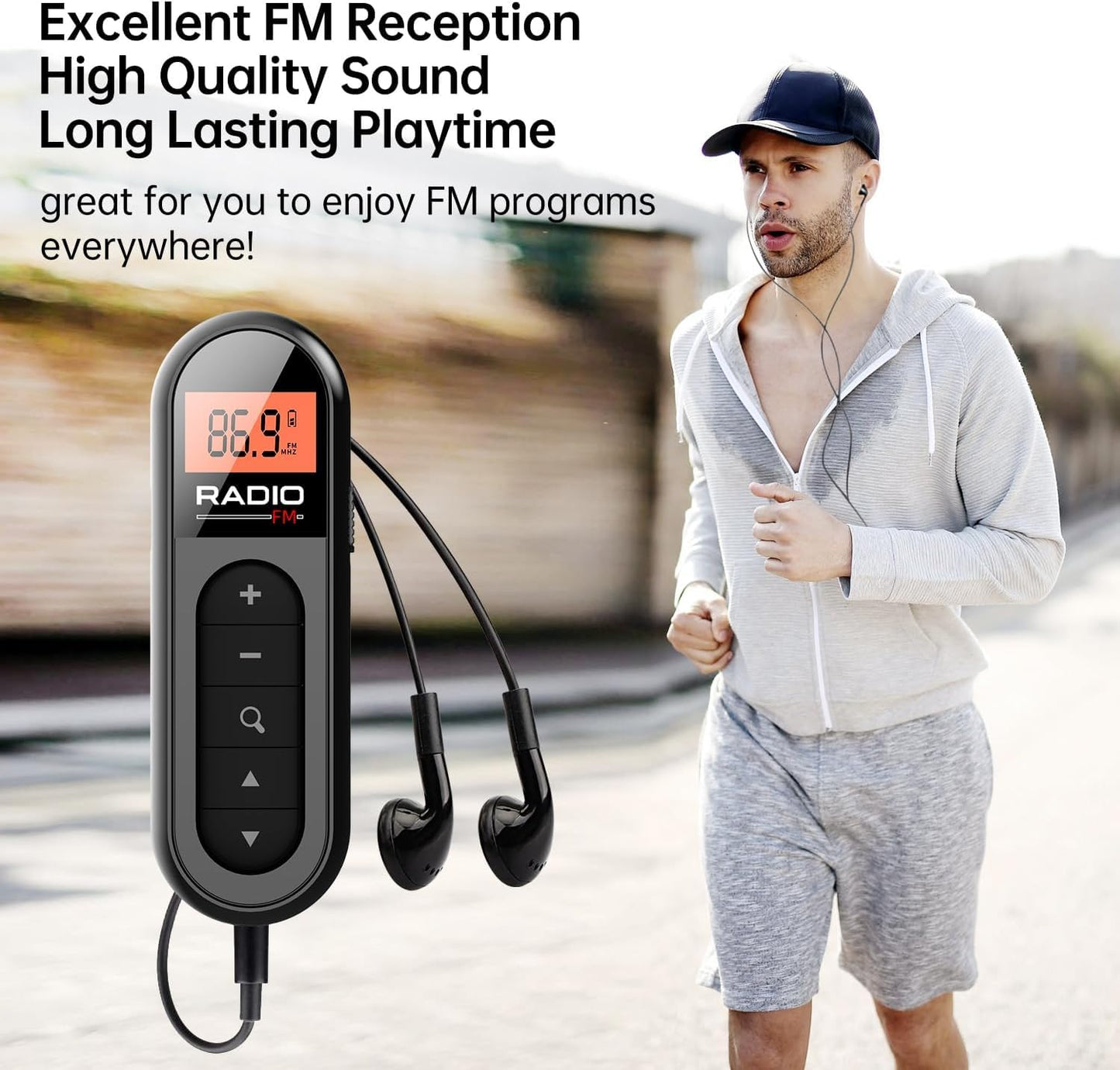 Cason Small FM Radio/Pocket Mini Radio with Earphones,USB Rechargeable Portable Transistor Radio,Digital Tuning,LCD Screen,Stereo Sound, Belt Clip for Gym,Walking(Black)